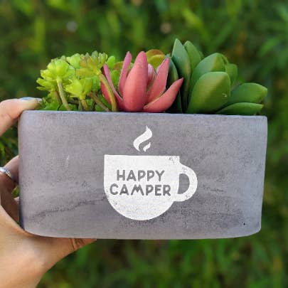 Oval Happy Camper Concrete Succulent Planter **Planter Only for wholesale by Wize Owl Concrete Candles & Designs