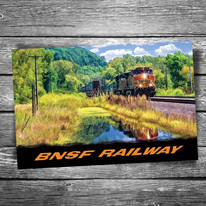BNSF Freight Train Reflection Postcard for wholesale by Christopher Arndt Postcard Co.