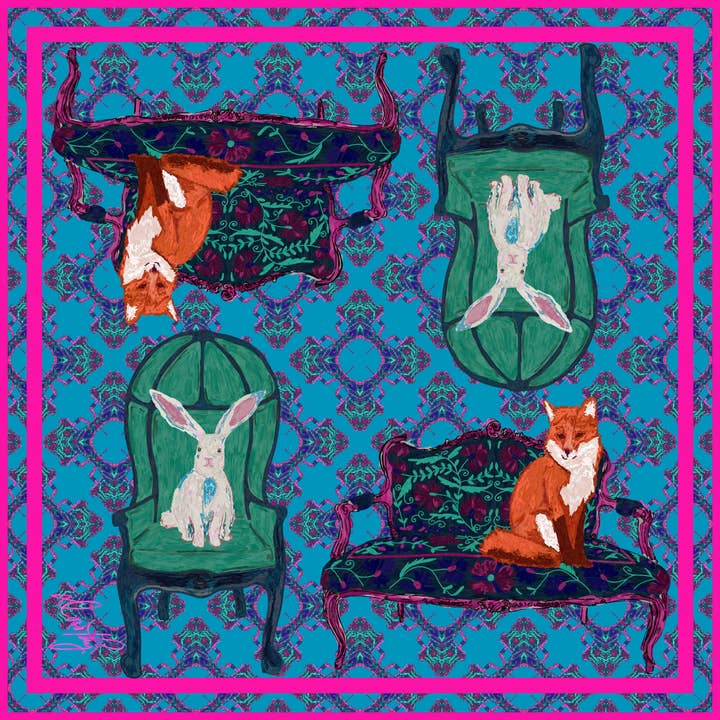 Dorothy Art - Wholesale Scarf - Women's - Silk Scarf - Foxes on Furniture & Hares on Chairs4
