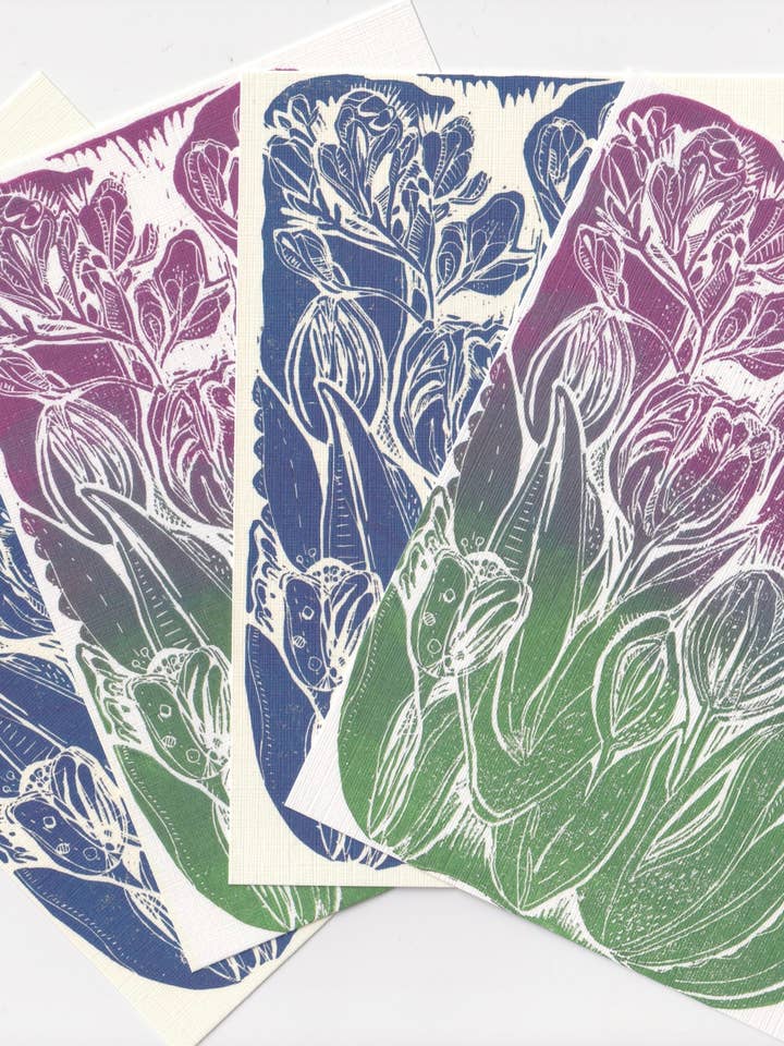 Tulip Linocut Postkort Sæt for engroshandel hos Jenny Robson Design