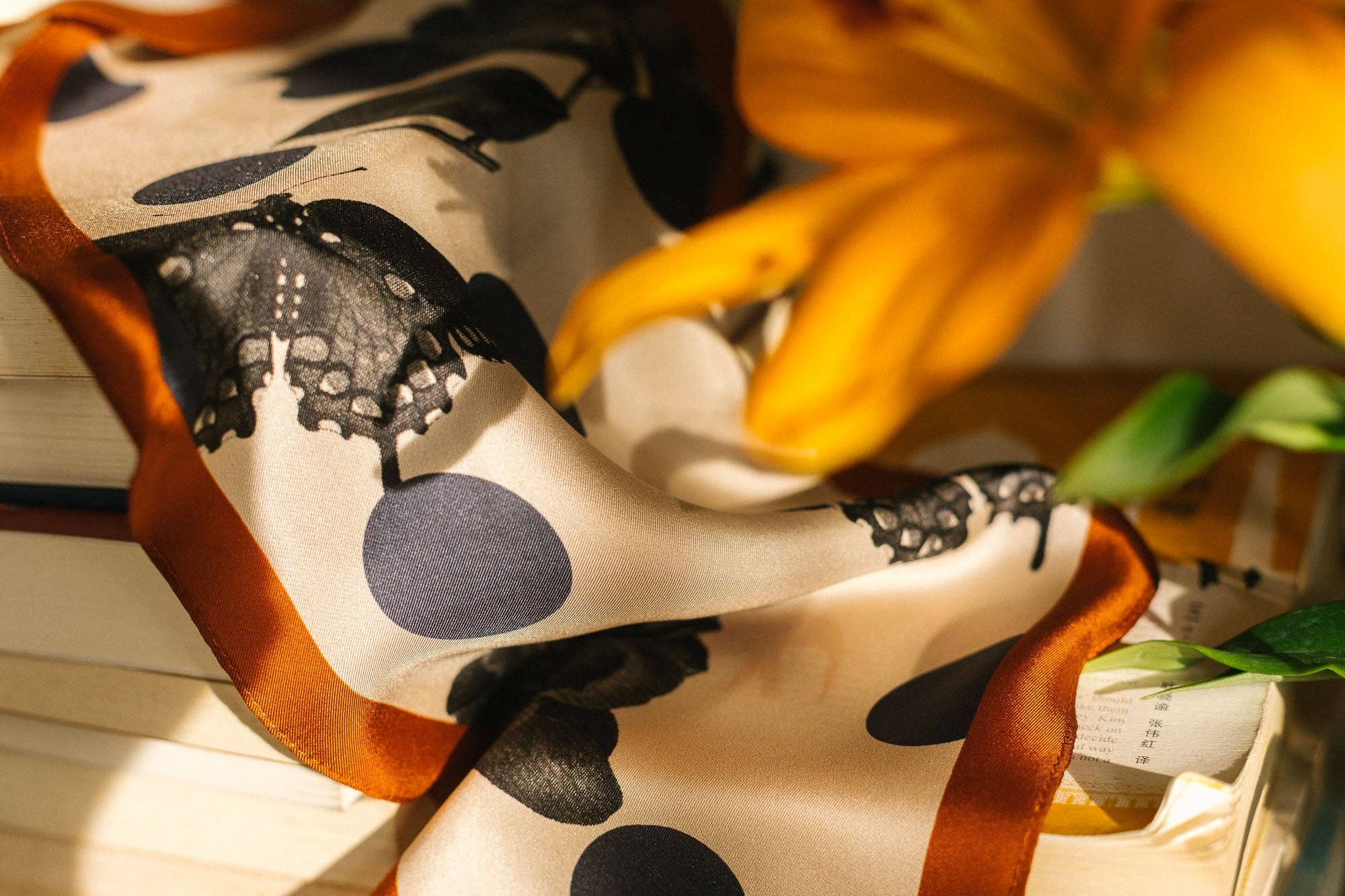 caramel "Noir Floral" Silk Diamond Neckerchief for wholesale on Faire3