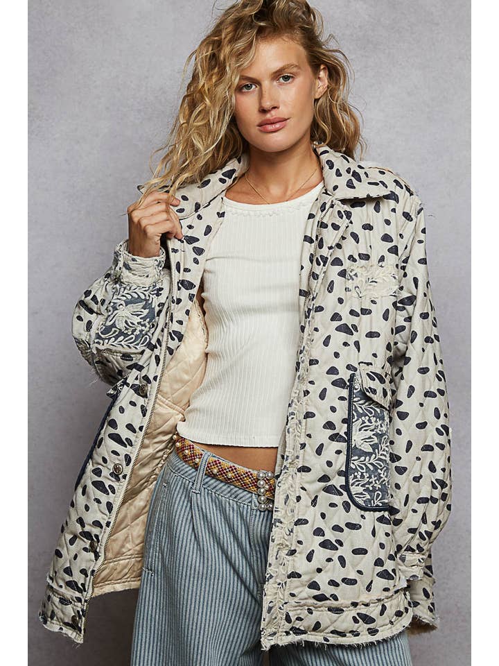 OATMEAL MULTI Long sleeve elbow patch overlaid lace quilted woven jacket for wholesale on Faire