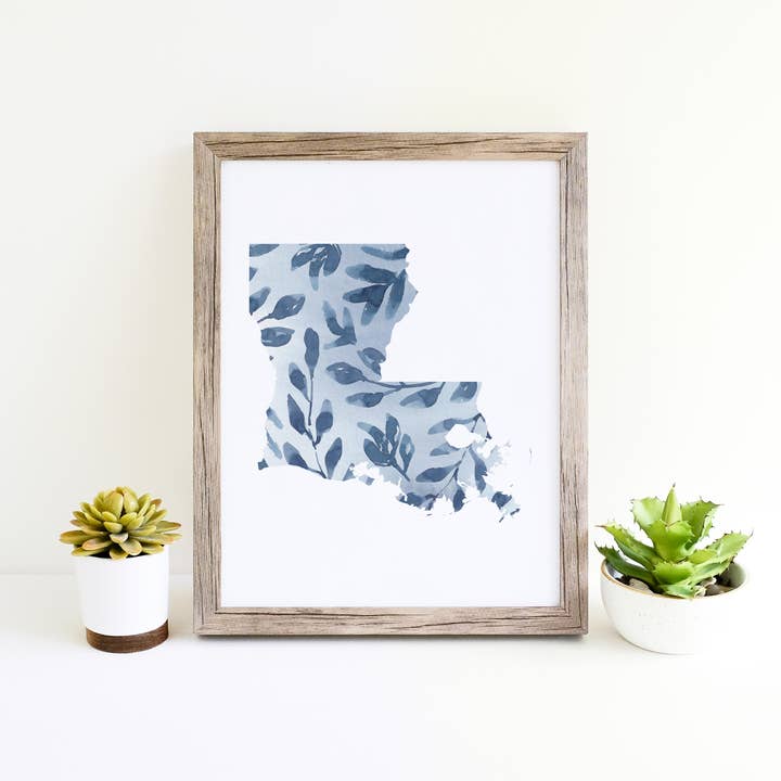 Blue Floral Watercolor Louisiana State Art Print for wholesale by Jenny Lemoine Design