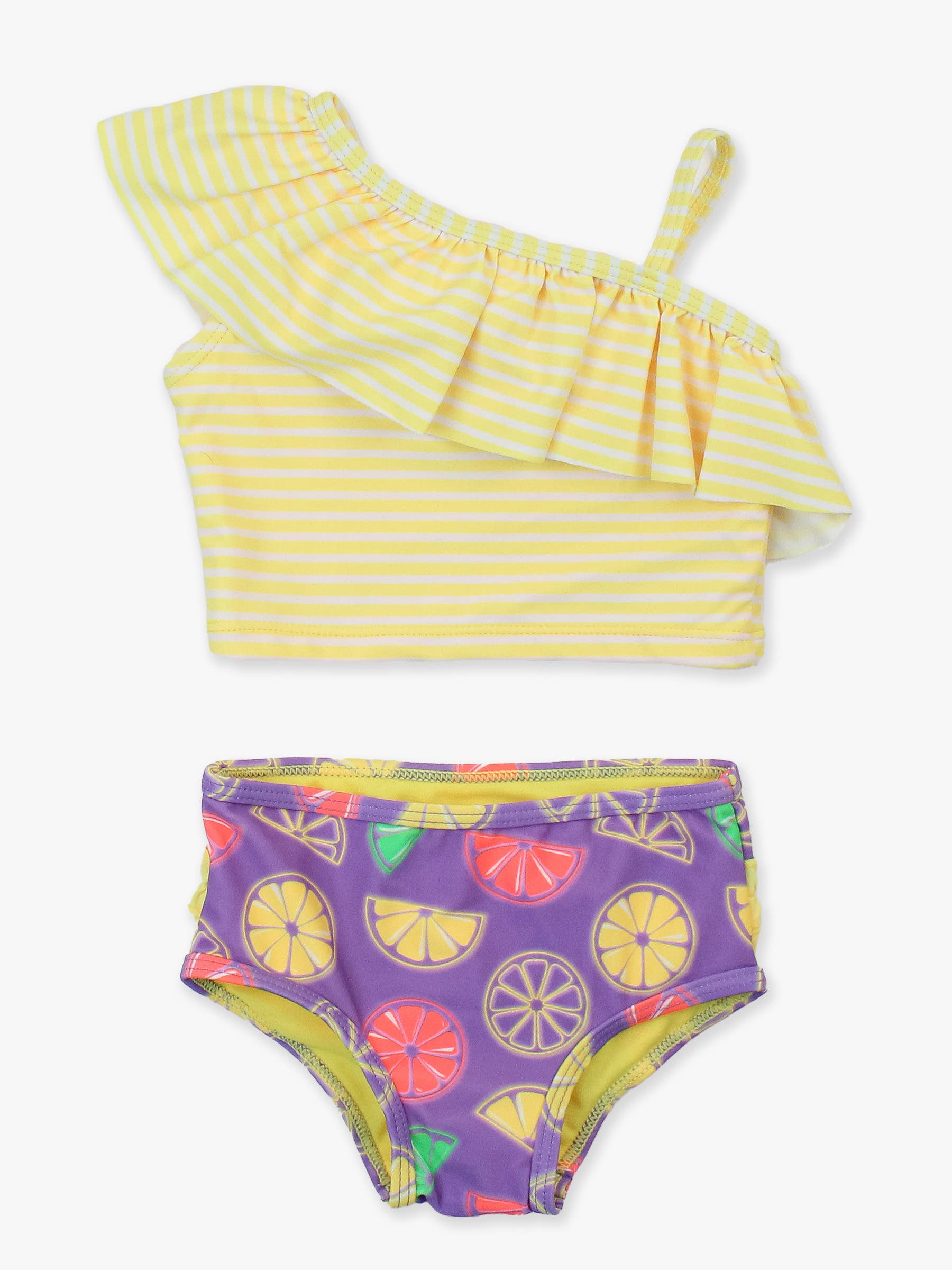 Girls Neon Purple Citrus One Shoulder Ruffle Tankini 2-Piece Swimsuit with Signature Rear Ruffles for wholesale on Faire0