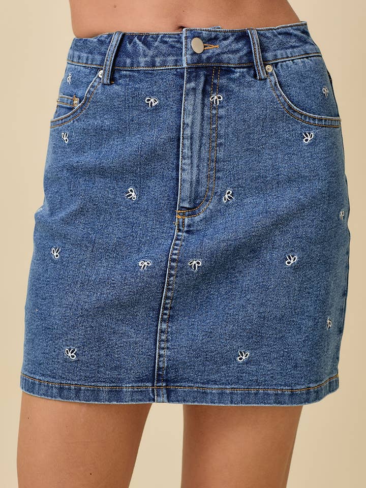 Mini Denim Skirt With Bow Embroidery Detail for wholesale by Main Strip