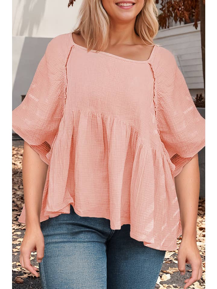 Pink Plus Size Textured Wide Short Sleeve Babydoll Blouse for wholesale on Faire