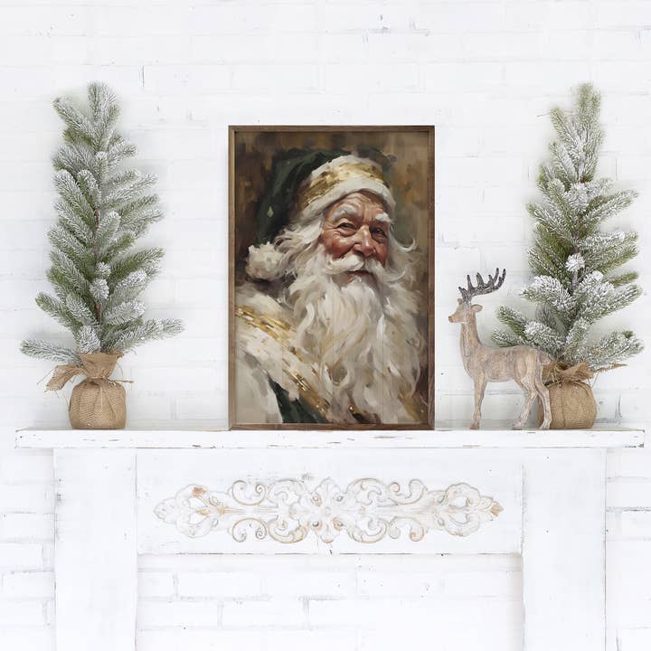 Kendrick Home - Wholesale Christmas Wall Art - Santa In Green With Gold