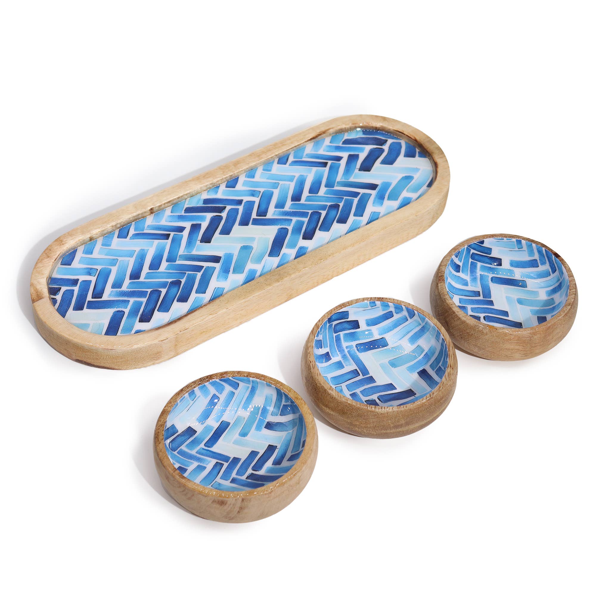 AW Artisan - Wholesale Desk Tray - Mango Wood Tray with 3 Bowls - Blue Mosaics1