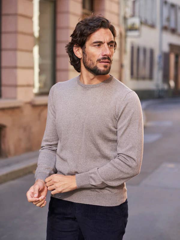 CREW NECK SWEATER MERINO WOOL BEIGE for wholesale by MONSIEUR MIMOSA