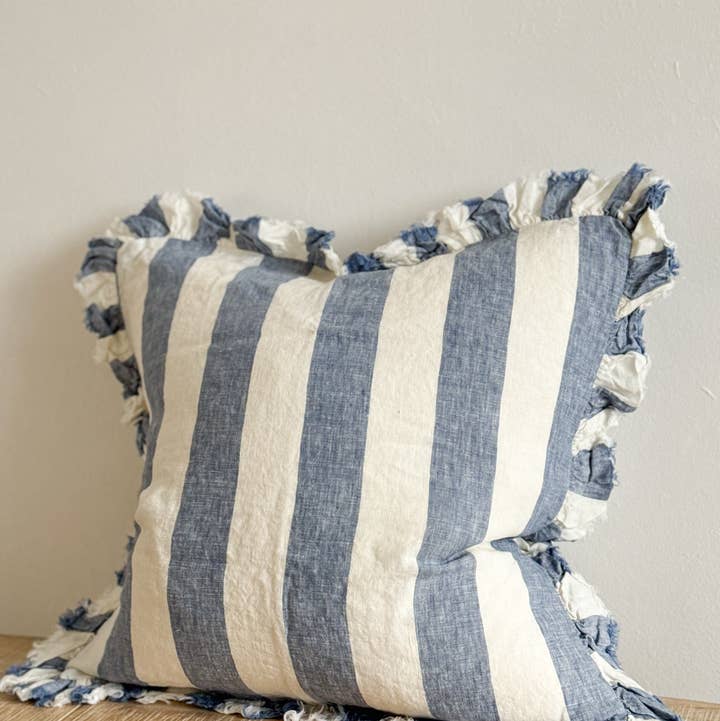 Ellenvale Trade - Wholesale Throw Pillow Cover - Hallie Ruffled Linen Cushion Cover – Blue Wide Stripe0