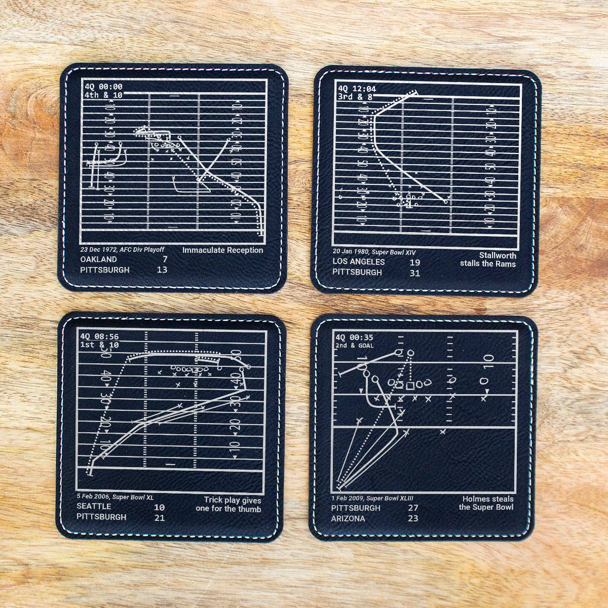 Playbook Products – Engroshandel Bordskånere – Greatest Steelers-spil: Læderunderlag (sæt med 4)1