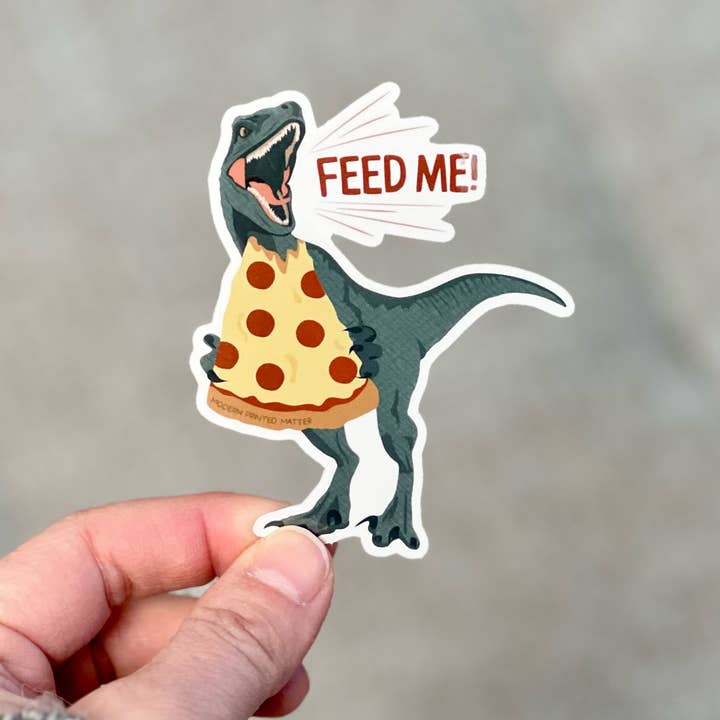 Modern Printed Matter – wholesale Klistermärke – Feed Me Dino Pizza klistermärke1