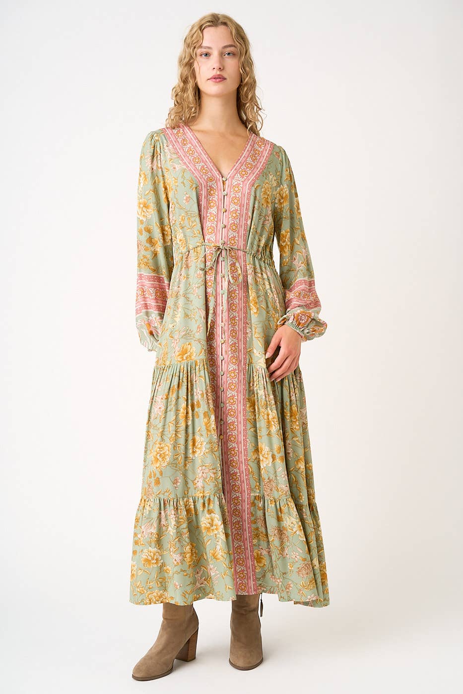 SAGE BOHO FLOWER BORDER PRINT LONG SLEEVE MAXI DRESS for wholesale on Faire1