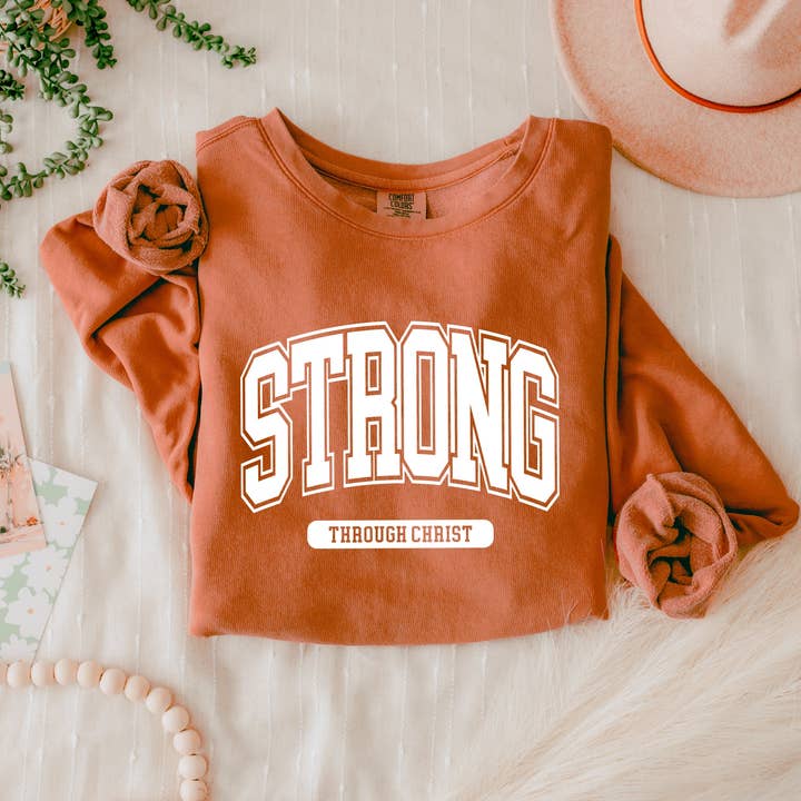 Verita Culture - Wholesale Graphic Sweatshirt - Women's - Strong Through Christ Inspirational Christian Garment Dyed Comfort Colors Sweatshirt4
