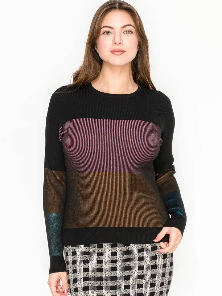 Camisola Preta com Frente às Riscas Multicoloridas por atacado de Yal New York