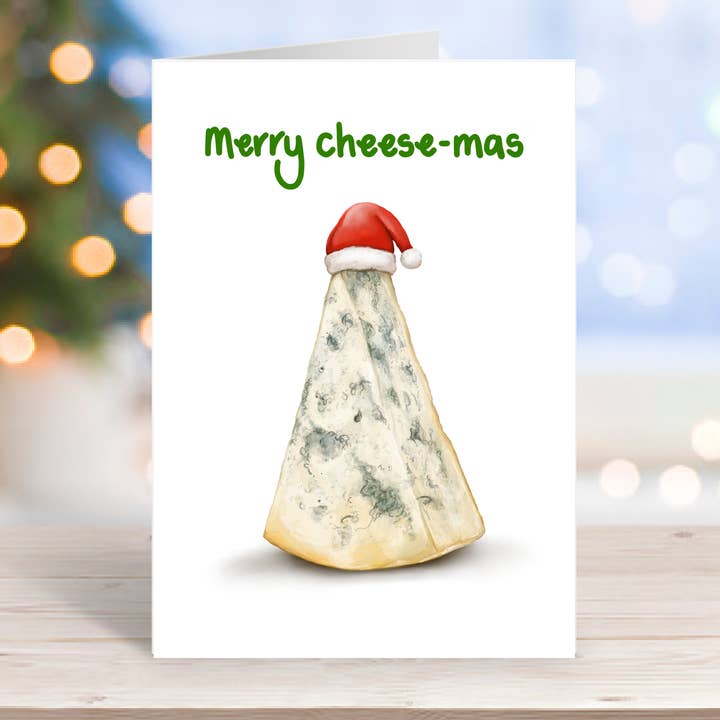 Merry Cheese-mas - Funny Christmas Food Themed Xmas Card for wholesale by Katie Tinkler illustration