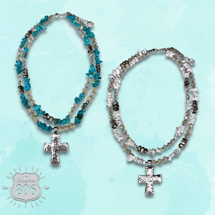 Textured cross pendant on chip stone double strand necklace for wholesale by Pink Panache Brands