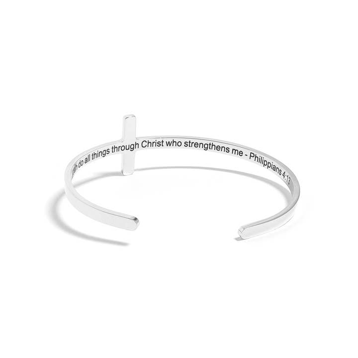 WJW - Wholesale Cuff Bracelet - Stainless Steel Cross Cuff Bracelet with Christian Scripture Philippians 4:133