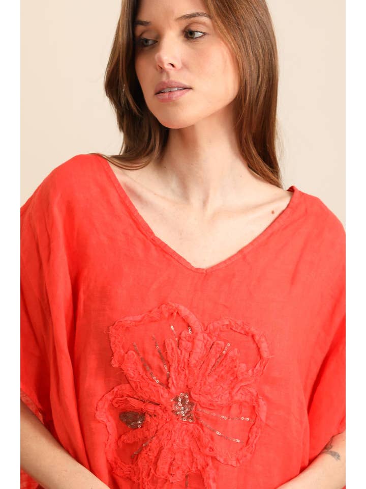 LÉA & LUC - Wholesale Tunic - Women's - Blouse with a flower in 100% Linen REF. 112098