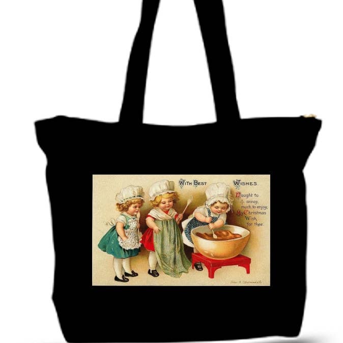 BMS BIZ - Wholesale Tote Bag - Women's - Vintage Christmas Cart Art Cooking Large Tote Bag Grocery0