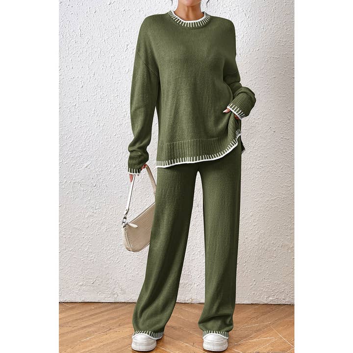 Supreme Fashion - Wholesale Lounge Set - Women's - Knit Color Block Loose Edged Sweater And Pant Set