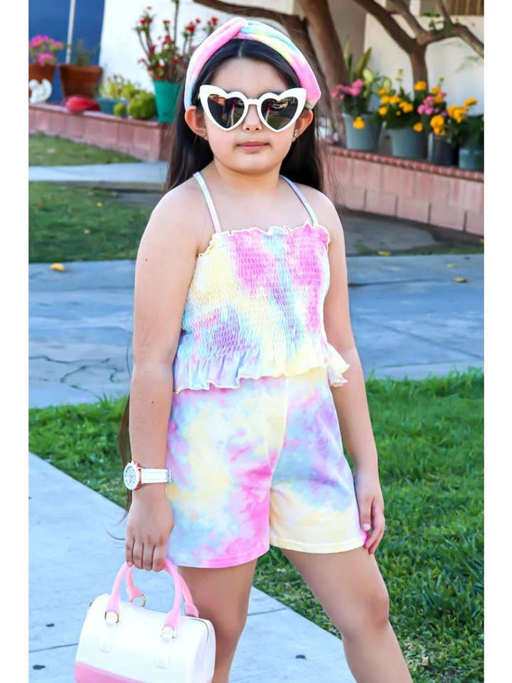 Conjunto de pantalones cortos con efecto tie dye de 2 piezas GKSS-3002B-AMY18 para niñas para venta al por mayor de Cutie Patootie Clothing