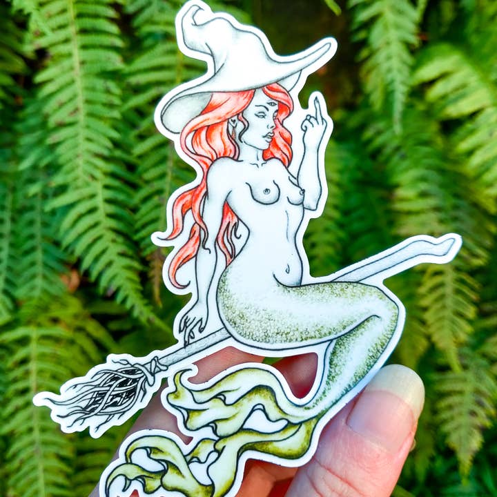 Crafted from Scratch – Großhandel Aufkleber – Mermaid Sand Witch - Vinyl-Aufkleber Art - Feministische Göttin Fuck Off Nackt Ozean Sea Sirene Aquarell