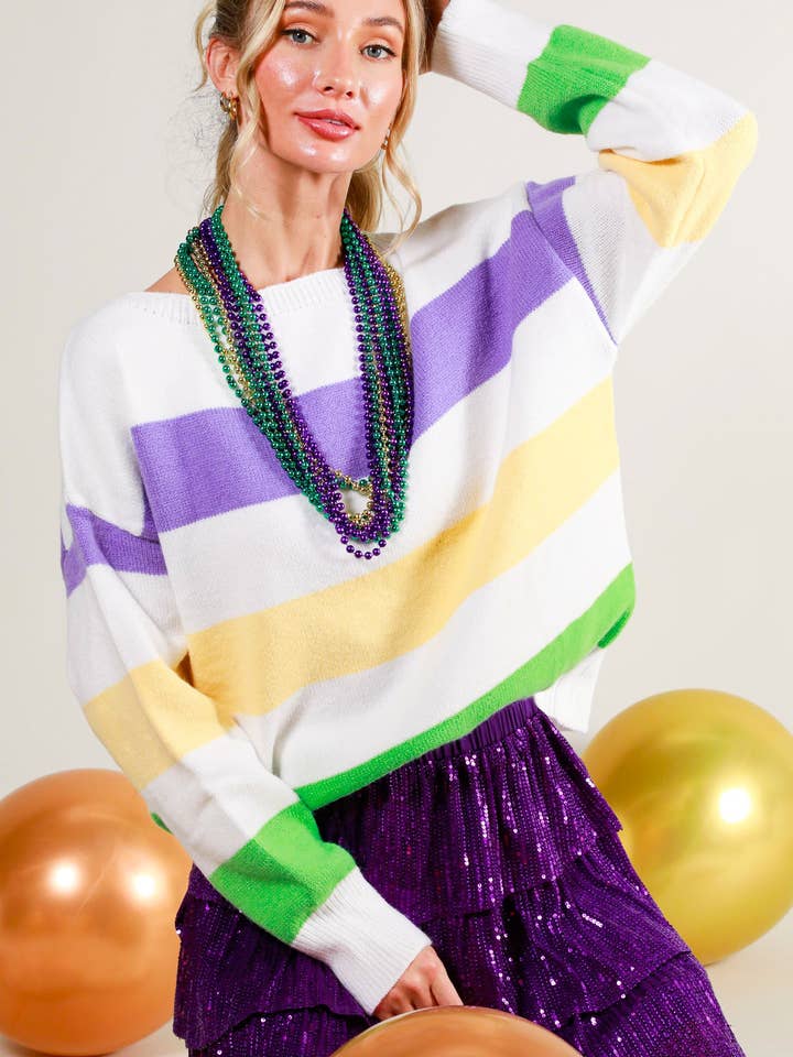 Mardi Gras Color Block Boat Neck Knitted Sweater VT81600A- for wholesale by Vine & Love