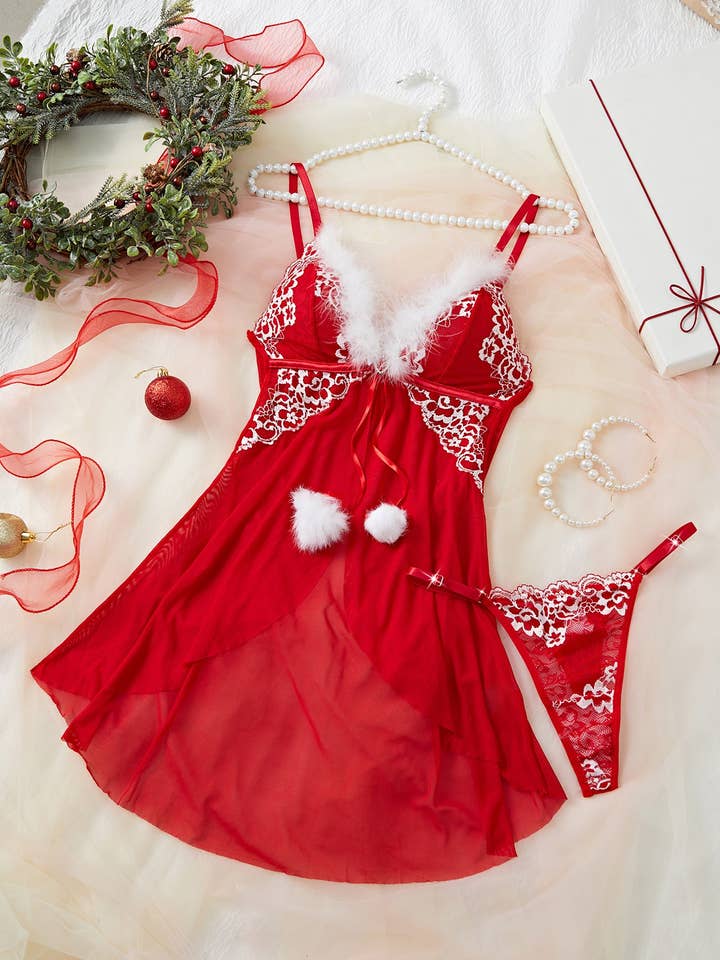 Red Ladies Merry Christmas Fluffy Floral Lace Chemise Set SKLG4008 for wholesale on Faire