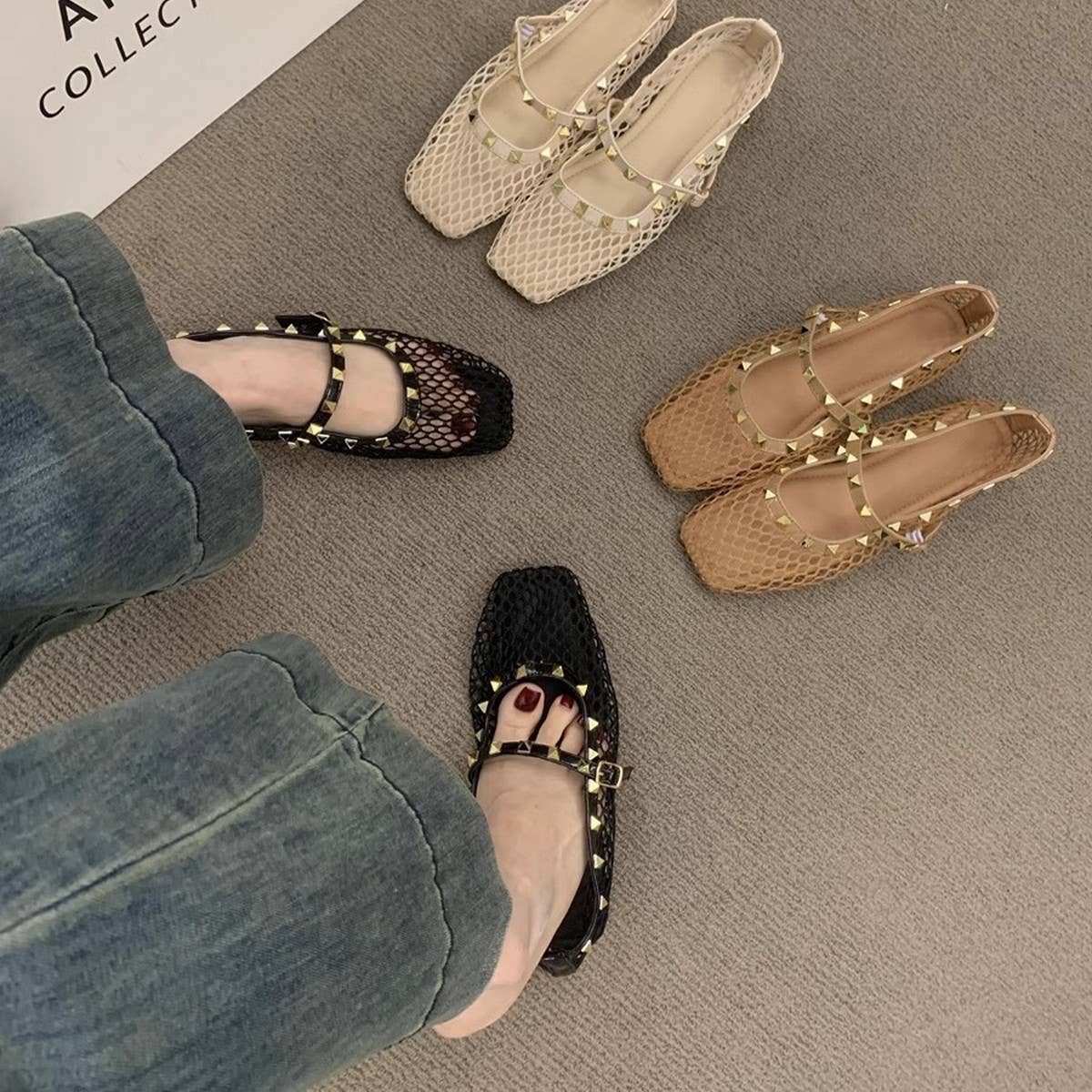 ACCITY - Wholesale Flats - Women's - Women's Hollow Mesh Flats with Stud Detail_CWSHF00925