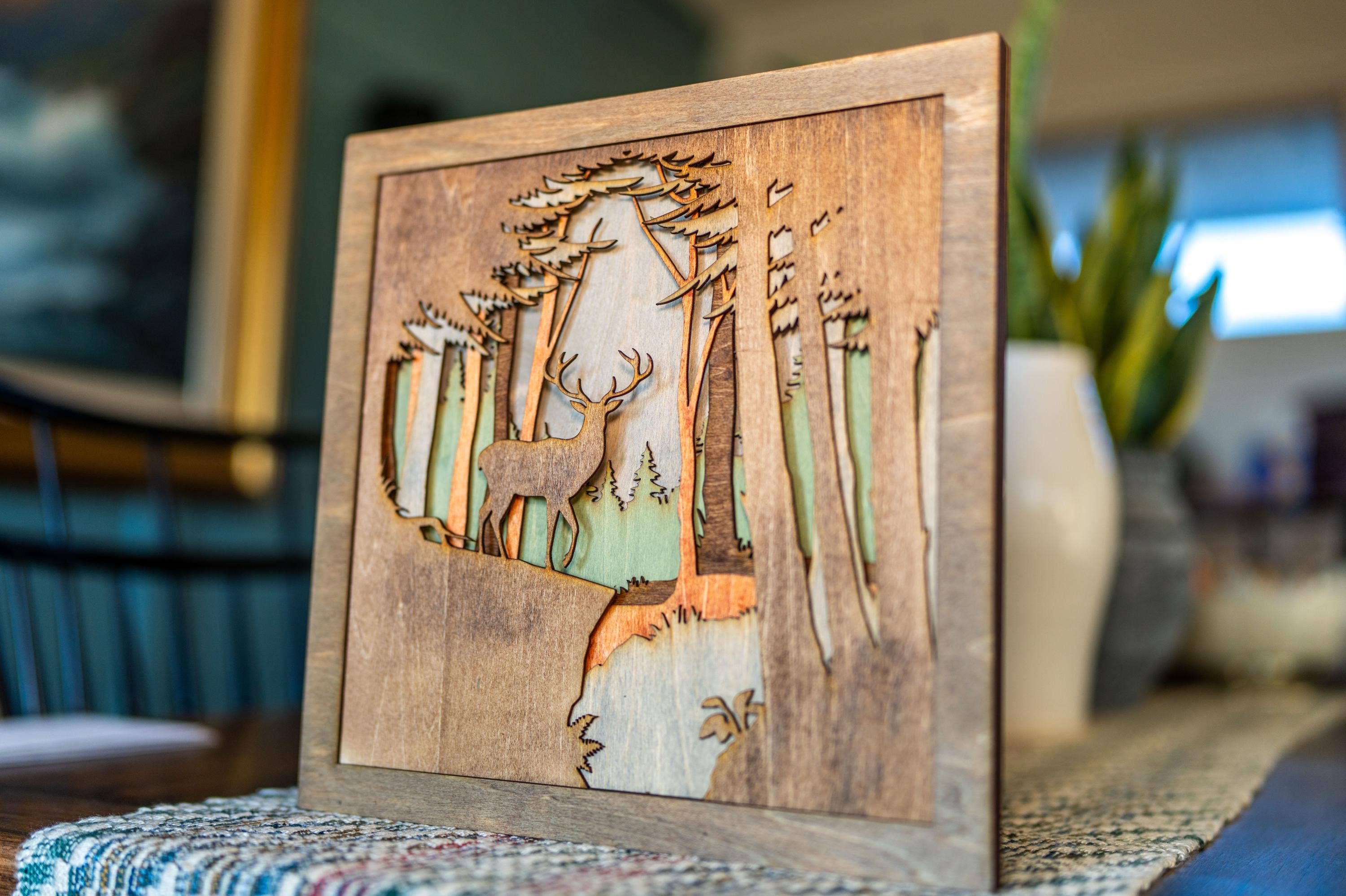 Carving Nomad - Wholesale Wall Accent - 3D Layered Woodcut Deer Forest Wall Art Handcrafted3