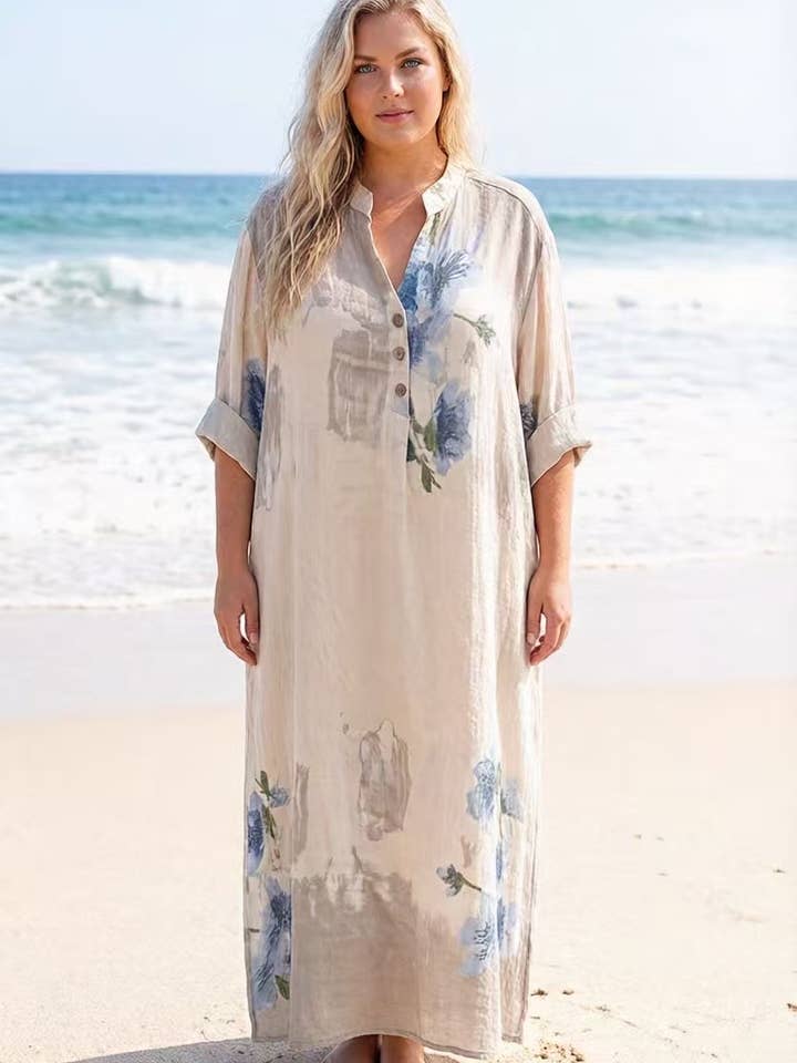 Lea & Luc - Grandes Tailles - Wholesale Jurk - Dames - Jurk met bloemenprint van 100% linnen REF. 722304