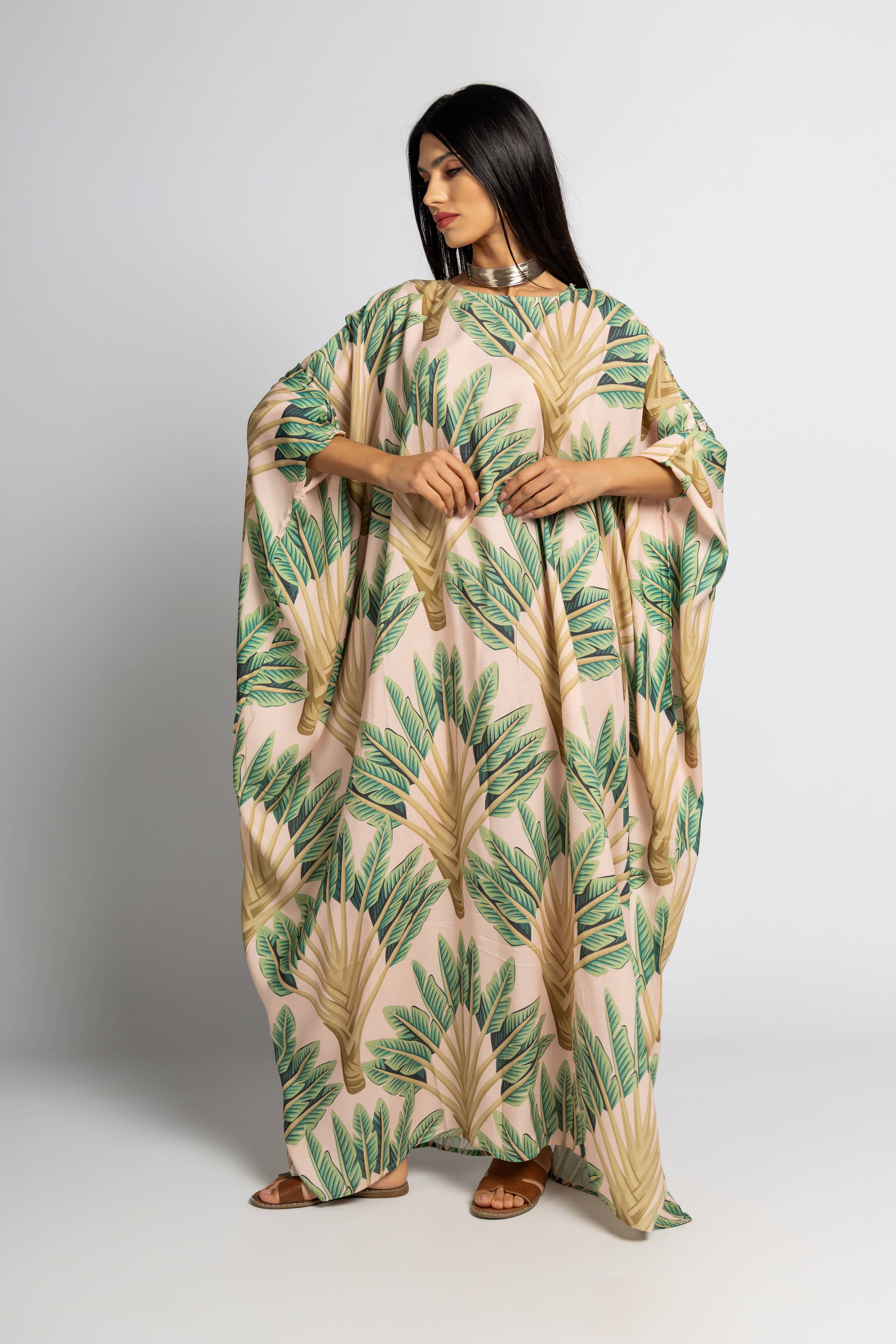 FAME GREECE - Wholesale Kaftan - Dames - F-306 Tropical Earth oversized viscose kaftan met tropische bladerenprint2