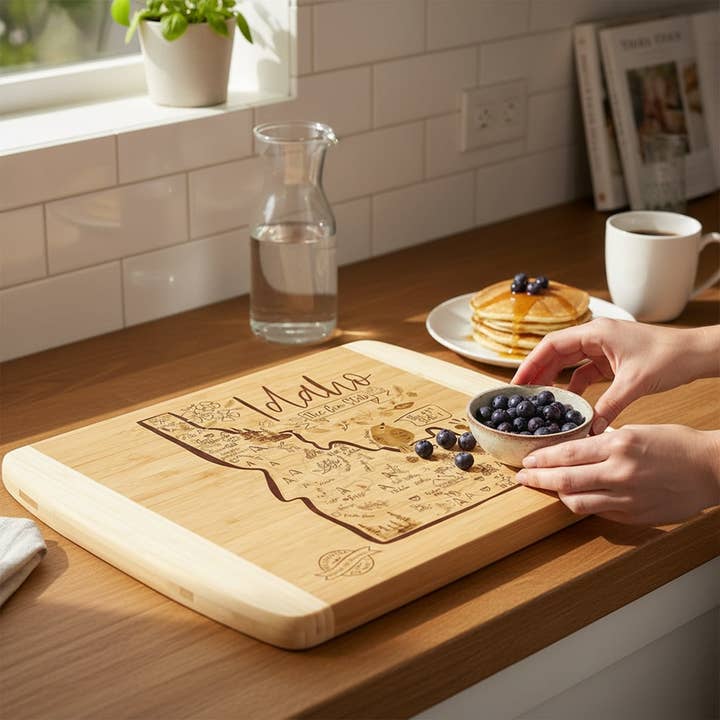 Idaho Laser Etched Bamboo Charcuterie Cutting Board for wholesale by Gooseberry Designs
