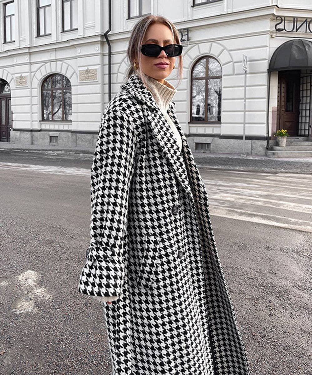 Black Houndstooth Check Belted Trench Coat for wholesale on Faire3