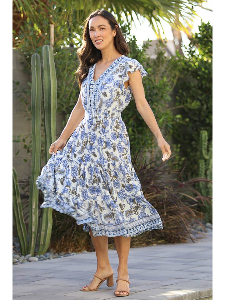 Nostalgia - Wholesale Dress - Women's - E1S44-A944 V NECK MIDI DRESS WITH SMOCKED WAIST