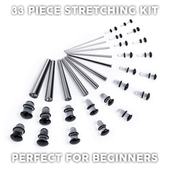 Beginners Ear Stretching Kit for Ears - 33 Piece Pack - Includes Surgical Steel Tapers & Clear - Black Glass Plug / Gauge for wholesale by Custom Plugs