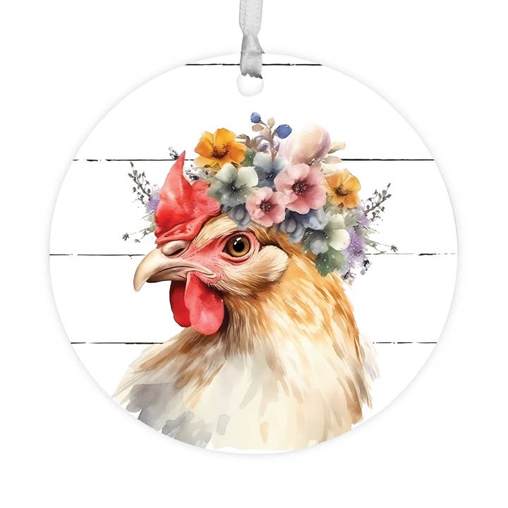 LifeSong Milestones - Wholesale Ornament - Farmhouse Decor Floral Painted Chicken Round Ornament0