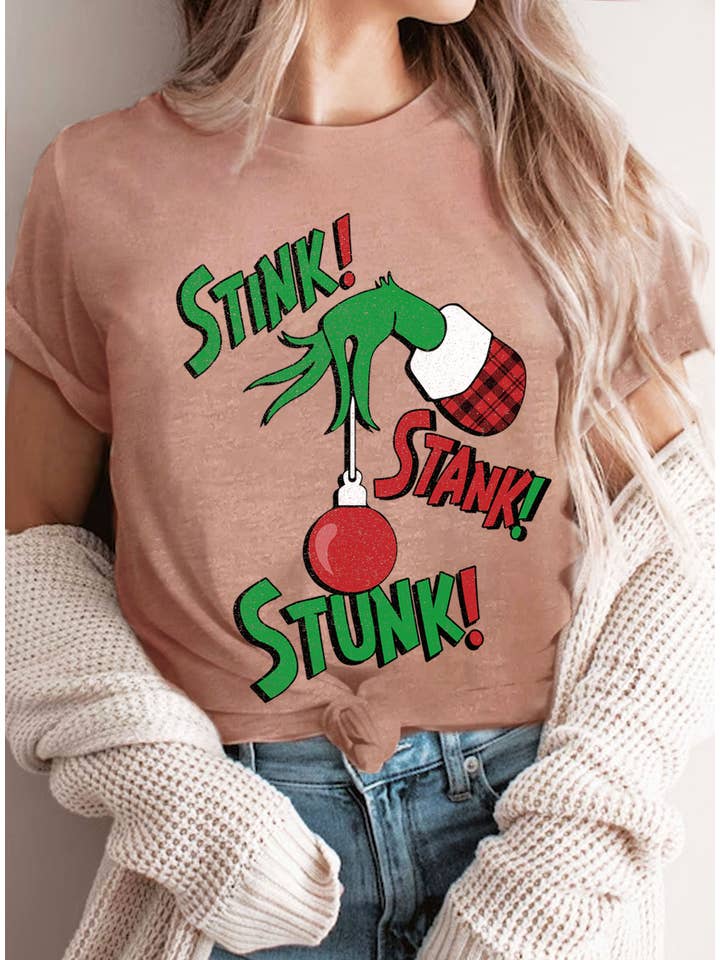 Rustee Clothing - Wholesale Screen Printed T-Shirt - Women's - STINK STANK STUNK GRINCH CHRISTMAS GRAPHIC TSHIRTS5