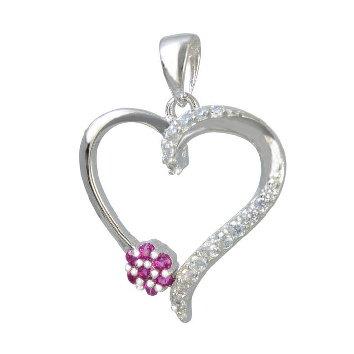 Pendentif cœur avec fleur rose et paillettes en argent 925 pour la vente par Janusch