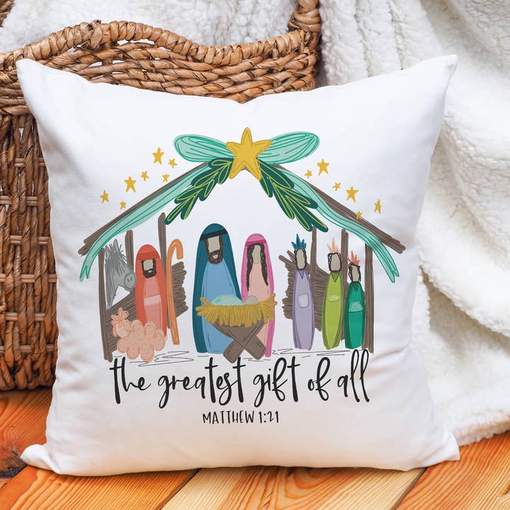 Greatest Gift Pillow Christmas Nativity Decor Religious for wholesale by Canary Road