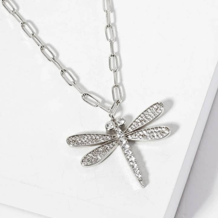 Wild Honey - Wholesale Pendant/Charm Necklace - 18K Gold-Dipped Cubic Zirconia Dragonfly Pendant Necklace