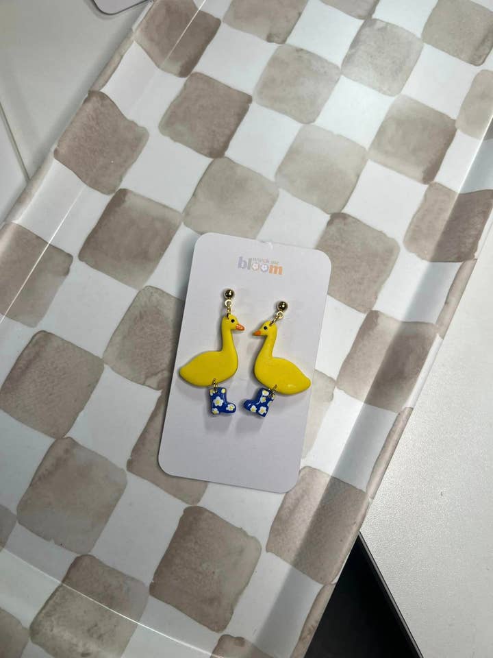 Ducks with Blue Daisy Boots Spring Clay Earrings | Handmade for wholesale by Watch Me Bloom