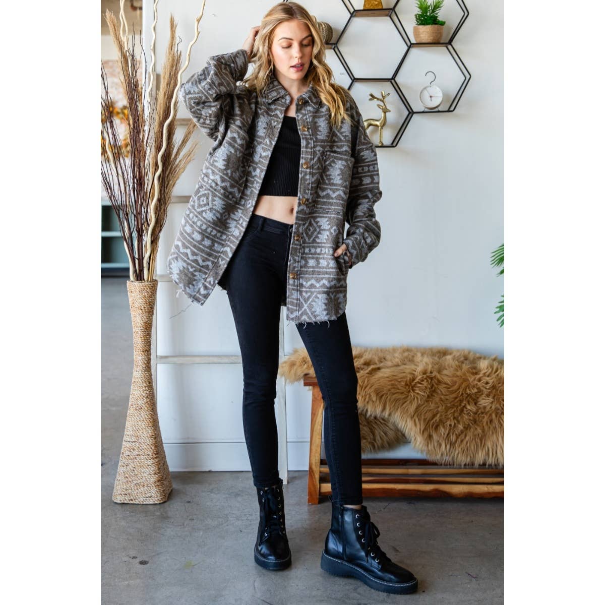 Grey Oilve Oversize Aztec Long Fit Jacket for wholesale on Faire8