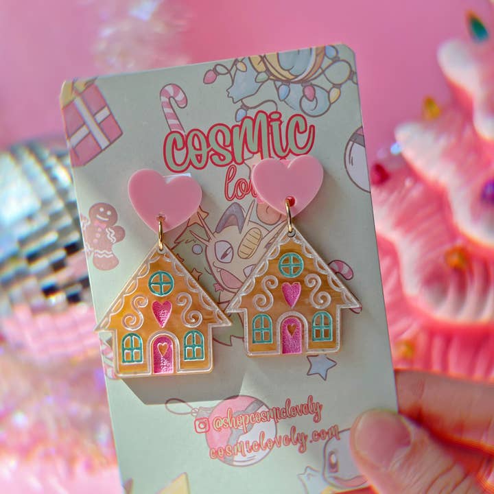 Cosmic lovely - Wholesale Dangle Earrings - Pink Christmas Gingerbread House Earrings