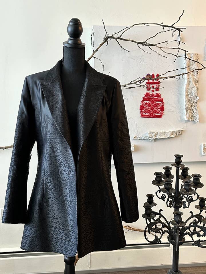 Black Embroidered Satin Blazer for wholesale by HAMA