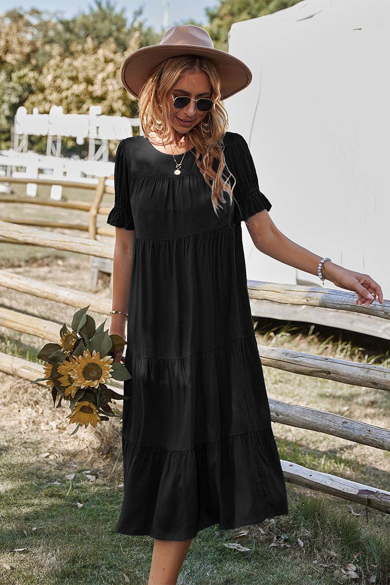 Supreme Fashion - Wholesale Dress - Women's - Flowy Pleated Short Sleeve Solid Midi Dress1