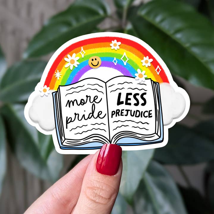 More Pride Less Prejudice Rainbow Book Sticker, LQBTQ+ for wholesale by Moonlit Creations