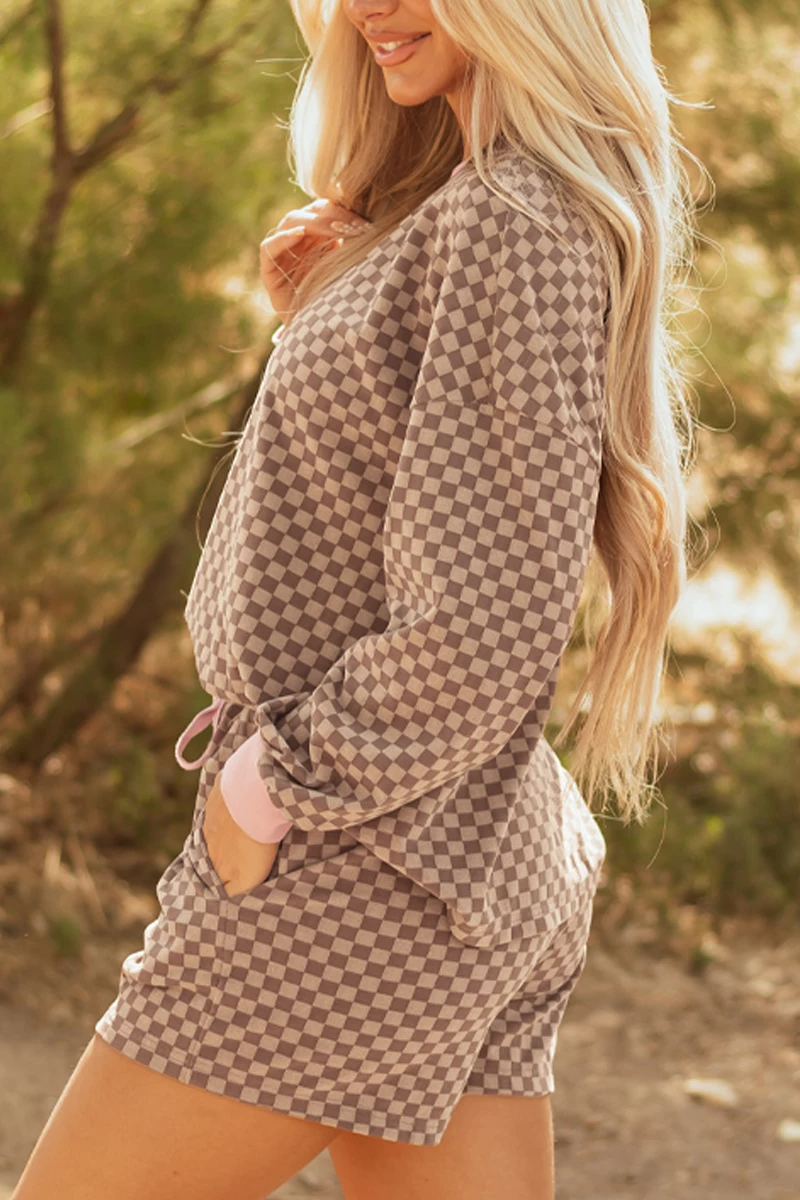 FULL TIME PURCHASE - Wholesale Lounge Set - Women's - Checkerboard Long Sleeve Pullover and Shorts Set5