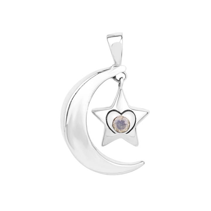 Star & Moon Silver pendant with a rainbow Moonstone for wholesale by Mantra4u